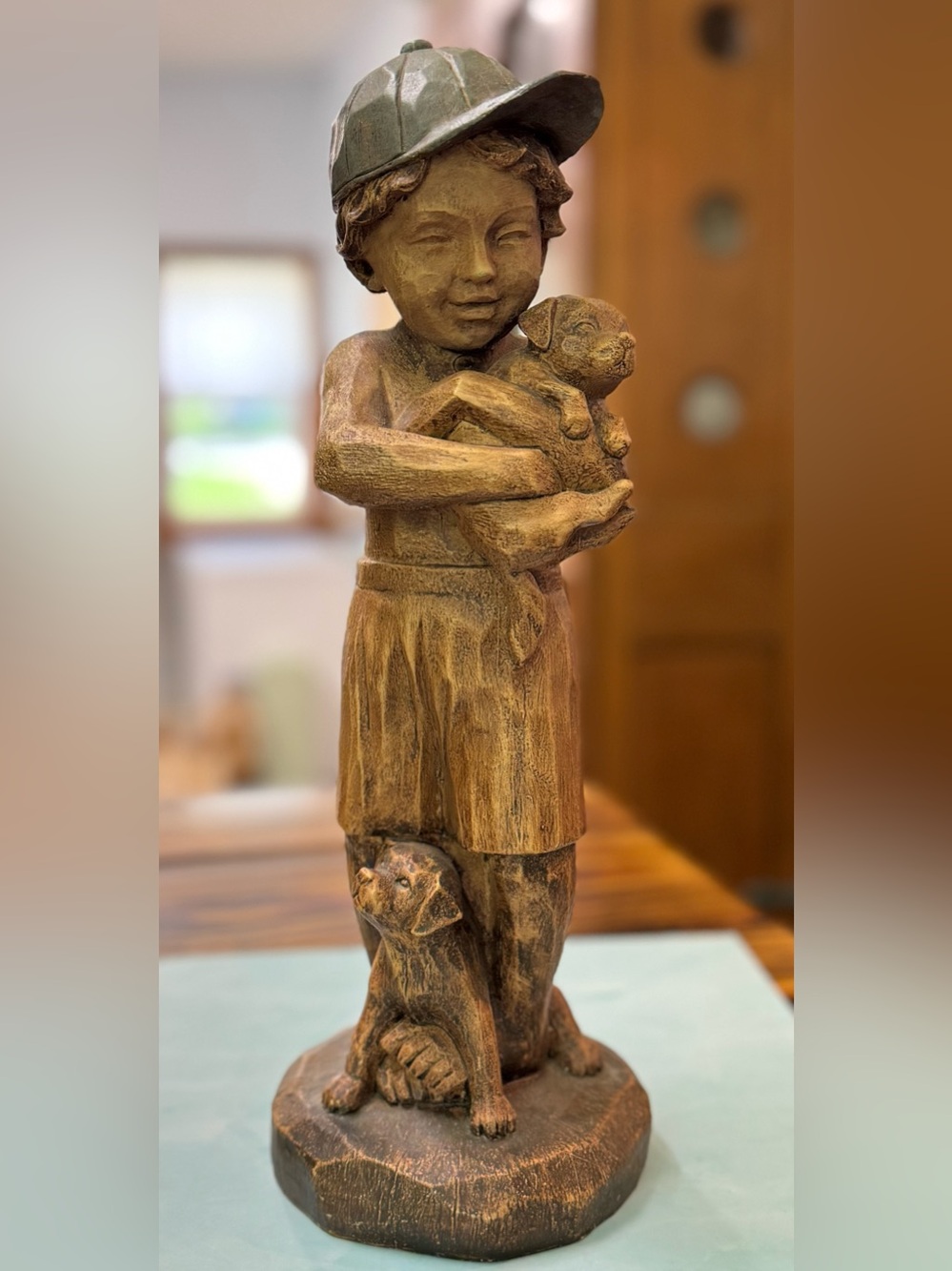 New Creatve Brown Wood-Effect Boy with Puppies - Garden Statue -Home Art 14.5”